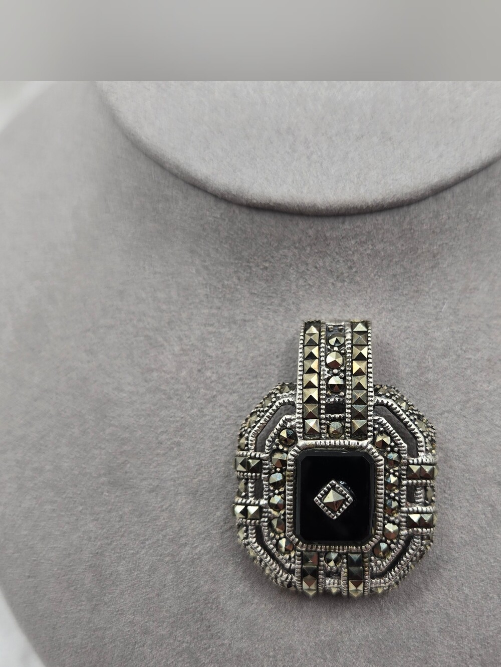 Elegant Black Onyx And Marcasite Pendant Necklace